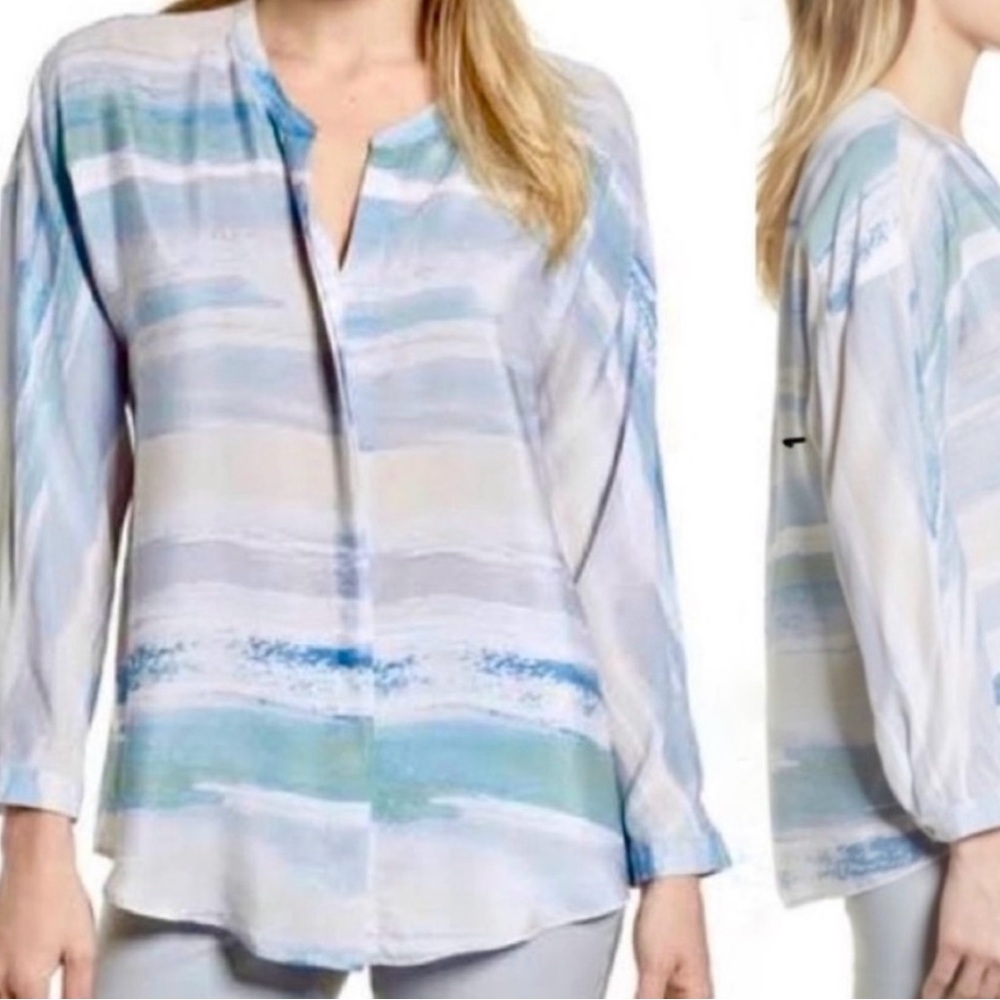 Nic+Zoe Size 1X Watercolor Silk Blend Long Sleeve Blouse Top